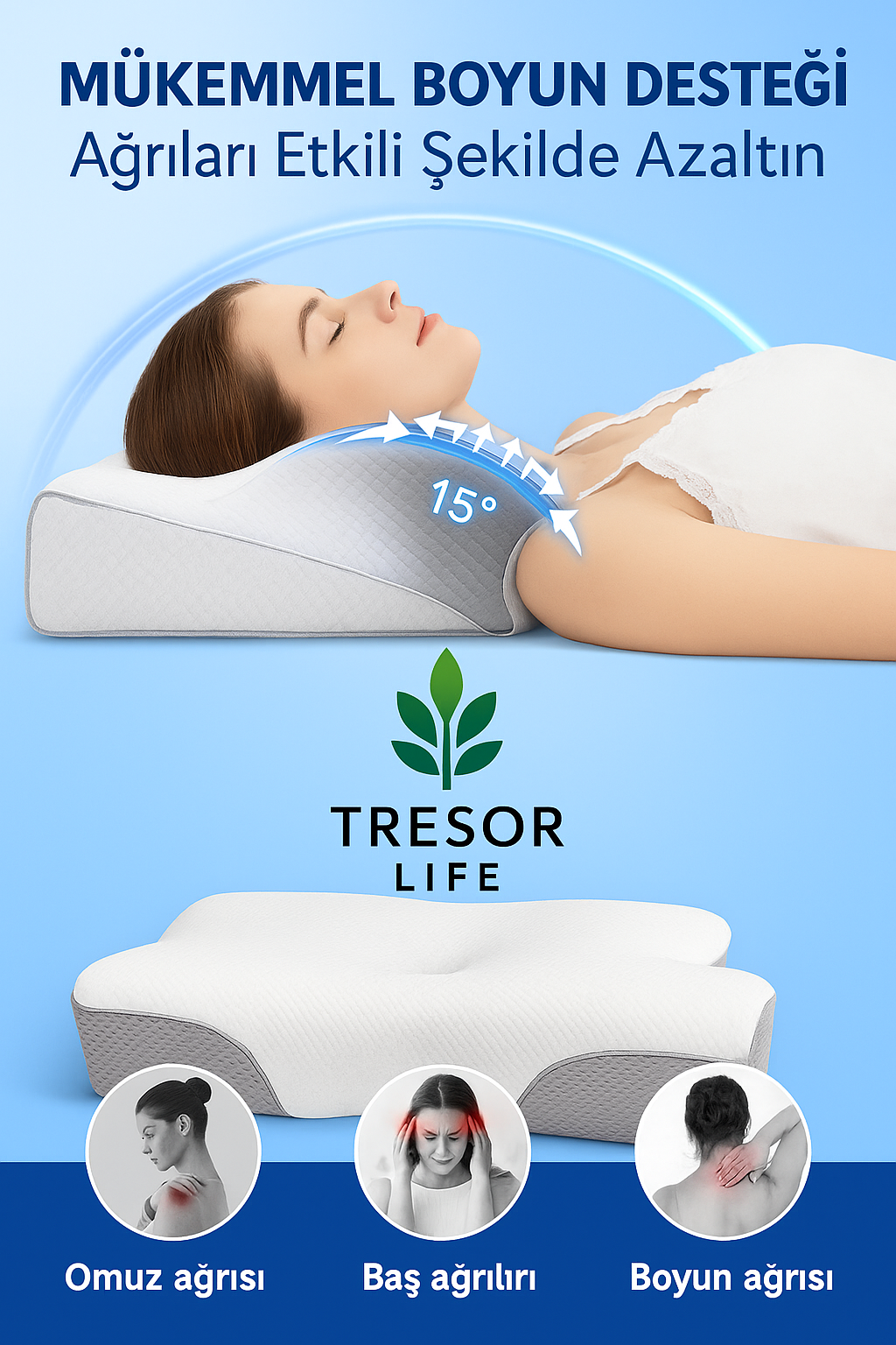 Ortopedik Bellek Köpük Boyun Yastığı – TRESOR LIFE® ile Sağlıklı Uyku